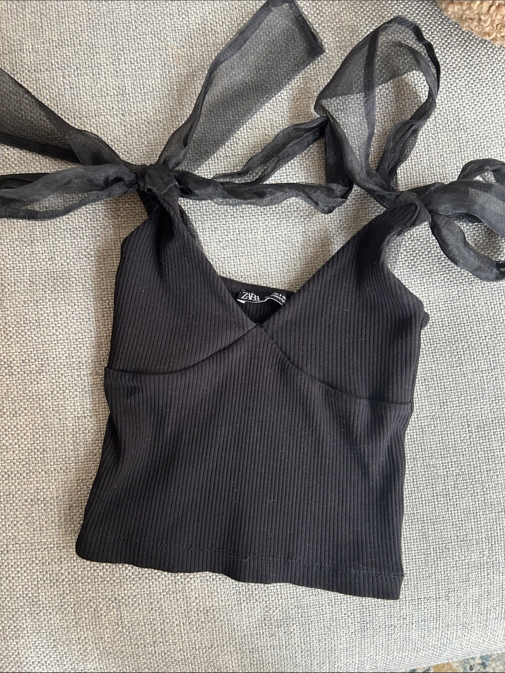 Zara Black Ribbed Tie-Strap Camisole